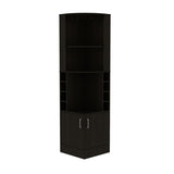 Syrah Corner Bar Cabinet, Eight Bottle Cubbies, Double Door, Two Open Shelves -Black B070P217879