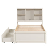 ZNTS Modern Twin Size Bed Frame With Built-in USB Port on Bookcase Headboard and 2 Drawers for White W697P152022