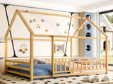 Full Size Floor Wooden Bed with House Roof Frame, Fence Guardrails,Natural W1858P389982