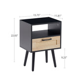 15.75" Rattan End table with drawer and solid wood legs, Modern nightstand, side table for living W126573107