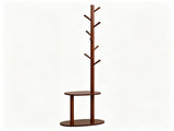 Freestanding Wooden Coat Rack with 8 Staggered Hooks & 2 Storage Shelves, Rubber Wood Hall Tree 96110880