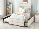 Queen Upholstered Platform Bed with Twin Size Trundle and Two Drawers, Beige 25388983