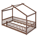 Twin Size Wood Bed House Bed Frame with Fence, for Kids, Teens, Girls, Boys, Walnut WF302176AAL