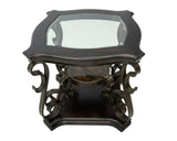 End table, Glass table top, MDF W/marble paper middle shelf, powder coat finish metal legs. W48720761