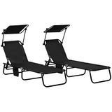Black Set of 2 Outdoor Lounge Chairs Reclining Back, Steel Frame with Side Pocket for Poolside 12150386