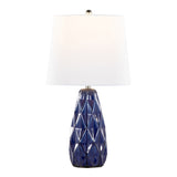 Hex 20" Contemporary Ceramic Accent Lamp in Estate Blue Ceramic, Polished Nickel and White Linen B202P224019