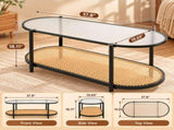 Oval 2-Tier Coffee Table, 37.8" x 19.7" x 18.1", Fluted Glass & PE Rattan 78161674