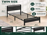 Twin Size Metal Bed Frame with 3-Panel Wood Grain Headboard, Built-in LED Light & Charging Station, 65759738