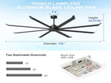 100 INCH Large Size Industrial PM DC Motor Ceiling Fan with 8 PCS Aluminum Blades ,6-Speed Remote W3775P462027