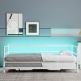 Twin Size Metal Daybed with LED and Adjustable Trundle, Pop Up Trundle, White N750P244915K