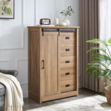 5 Drawers Dresser w/Sliding Barn Door, Farmhouse Modern Tall Dresser 5 Chest of Drawers, Storage W2275P206614