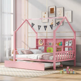 ZNTS Wooden Full Size House Bed with Trundle,Kids Bed with Shelf,Pink WF297070AAH