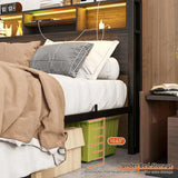 Full Size Bed Frame with Storage Headboard, Metal Platform Bed with Charging Station, Bookcase W840P201068