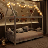 Wood Twin Size House Bed with Guardrail and LED, White N709P177522K