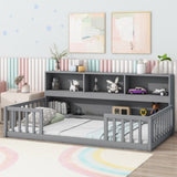 Twin Floor Bed with Bedside Bookcase,Shelves,Guardrails,Grey W504142770