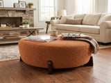 Modish Round Ottoman Boucle Top with Splayed Rubber Wood Legs, Pumpkin Orange N769P346256O