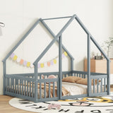 ZNTS Full Wood House-Shaped Floor Bed with Fence, Guardrails,Grey W504P143293