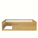 ZNTS Full Floor Bed Frame with Fence, Wood Kids Floor Beds Frame for Bedroom Playroom,Natural W2593P164752