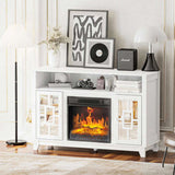 Modern White Embossed Fireplace Media Console, Twin Mirror Doors for 18" Fireplace Insert 70968355