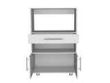 Kitchen Pantry 48" H, Two Open Storage Shelves, One for Microwave, Two Doors, Four Legs, White B097P167452