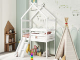 Twin Low Loft House Bed with Slide, Ladder, Safety Guardrails, House Roof Frame,White W504P145316