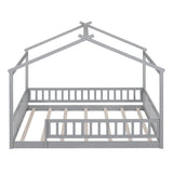 Full Size Wood Bed House Bed Frame with Fence, for Kids, Teens, Girls, Boys,Gray WF302177AAE
