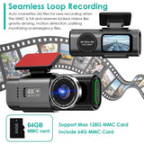 4K1080P Dual Dash Cam Front & Rear with WiFi & Free 64 GB Card 140&deg/120&deg Wide-Angle Loop 78880264