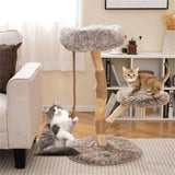 3-Level Natural Pear Wood Cat Tree - 19.5"x35.5", Jute Scratching Posts, Long Plush 10303991