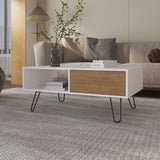 ZNTS Gramling Coffee Table with a Drawer and Hairpin Legs, White + Natural Oak B128P263712