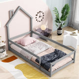 ZNTS Twin Size Wood bed with House-shaped Headboard Floor bed with Fences,Grey W504102757