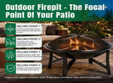 20.2in Round Wood- Pit with Mesh Lid, Fire Poker/Grate, Black 53387512