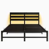 Queen Size Metal Bed Frame with Wooden Headboard, RGB Lights, Charger, Storage Shelf, Noise-Free, No W840P209907