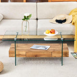 43.3 Inch Modern Two-Tier Coffee Table - Clear Tempered Glass and Natural Wood Grain, W1151P232622