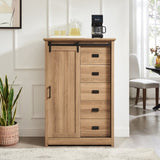 5 Drawers Dresser w/Sliding Barn Door, Farmhouse Modern Tall Dresser 5 Chest of Drawers, Storage W2275P206614