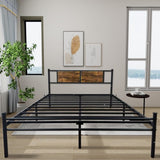 Full Size Metal Bedframe with Wood Panel Headboard - BlackBrown W3286P308720