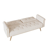 A 69.7-inch-long sofa bed covered in beige velvet fabric, featuring nail head trim and accompanied W3356P298442