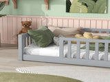 Twin Size Floor Bed with Fence without Door, Rubber Wood Floor Bed with Safety Guardrails,Grey W504P296793