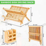 Collapsible 2-Tier Bamboo Dish Drying Rack Foldable Wooden Dish Drainer with Utensil Holder, 68313155