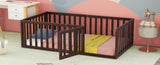 Twin Size Wood Floor Bed Frame with Fence and Door, Walnut WF299299AAL