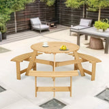 ZNTS Outdoor 6 Person Picnic Table, 6 person Round Picnic Table with 3 Built-in Benches, Umbrella Hole, W2275P149762