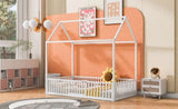 Twin Size Metal House Bed with Fence and Door, White MF315932AAK
