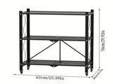 3-Tier Foldable Metal Storage Shelves with Wheels, Heavy Duty Storage Folding Shelf Metal 03902432