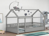 Twin Size Floor Wooden Bed with House Roof Frame, Fence Guardrails,Grey W1858123985