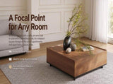 35.43" Square Walnut Finish Coffee Table with Hidden Drawer and Black Base, Modern Large Cocktail W5909P583195