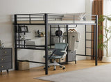 Twin Size Metal Loft Bed with Desk and Storage Shelves, Full-length Guardrails, Loft Bed Frame for 52452716