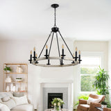 Rustic Farmhouse 10-Light Candle Chandelier, Black Metal and Wood Round Hanging Light Fixture for W1340P221222