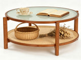 Walnut Boho 2Tier Round Coffee Table, PE Rattan Accent Side Table with Tempered Glass Top, Solid 57774693