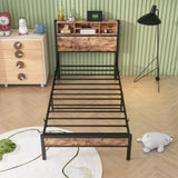 Twin Size Bed Frame with Storage Headboard, Metal Platform Bed with Charging Station, Bookcase 04195824