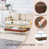 ZNTS 43.3 Inch Modern Two-Tier Coffee Table - An Elegant Combination of Clear Glass and Dark Wood Texture W2920P226069