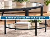 2-Tier Round Coffee Table, Glass Top, Iron Frame, 25.6"25.6"19.3", Matte Black 19047100